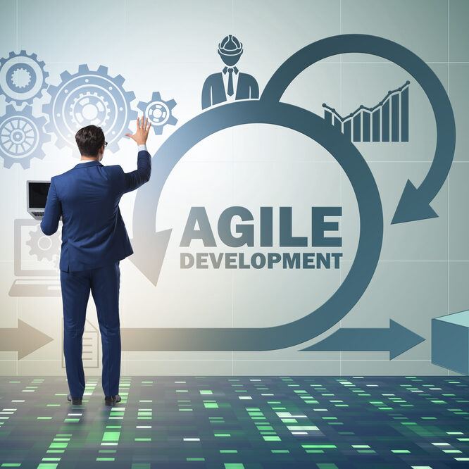 A business leader stands in front of a graphic outlining the agile product framework.