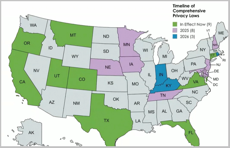 Map showing data privacy regulations across the United States.