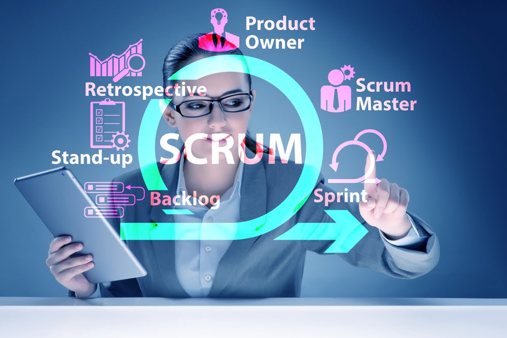 Businesswoman with overlay graphic showing elements of Agile practices.